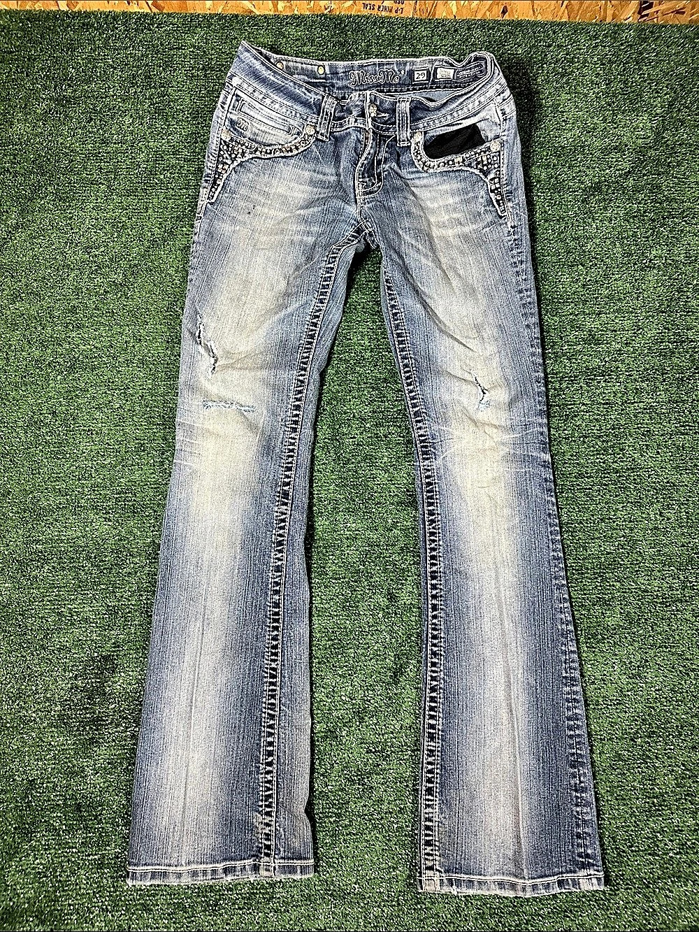 Miss Me Signature Bootcut Distressed Rhinestone Jeans Blue Waist 29